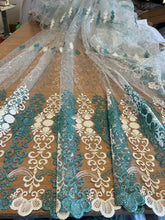 Încarcă imaginea în vizualizatorul Galerie, Perdea Broderie pe Tul, Alb-Turcoaz