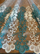 Încarcă imaginea în vizualizatorul Galerie, Perdea Broderie pe Tul, Alb-Turcoaz
